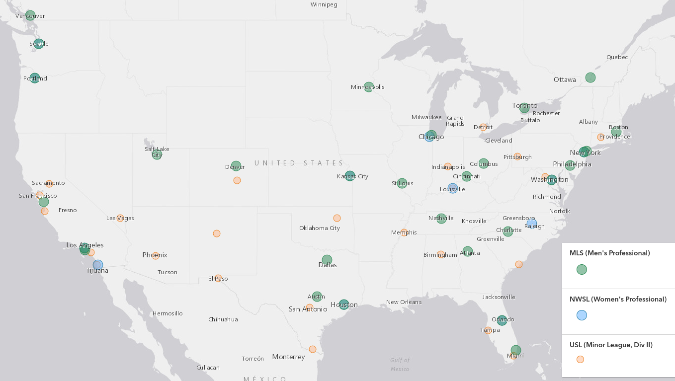 All USA soccer teams on one map