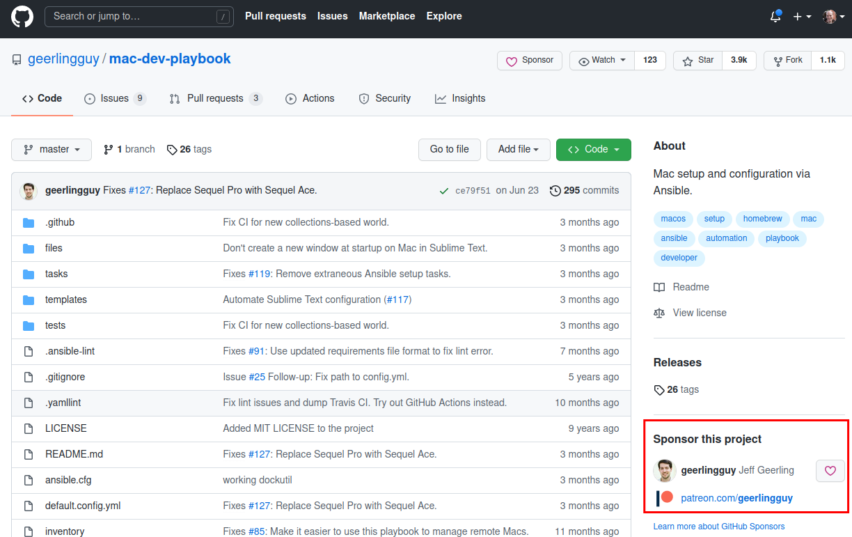 Sponsor section of GitHub repository page