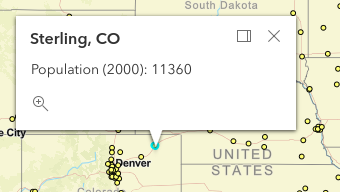 Map of the USA with a popup on Sterling, CO